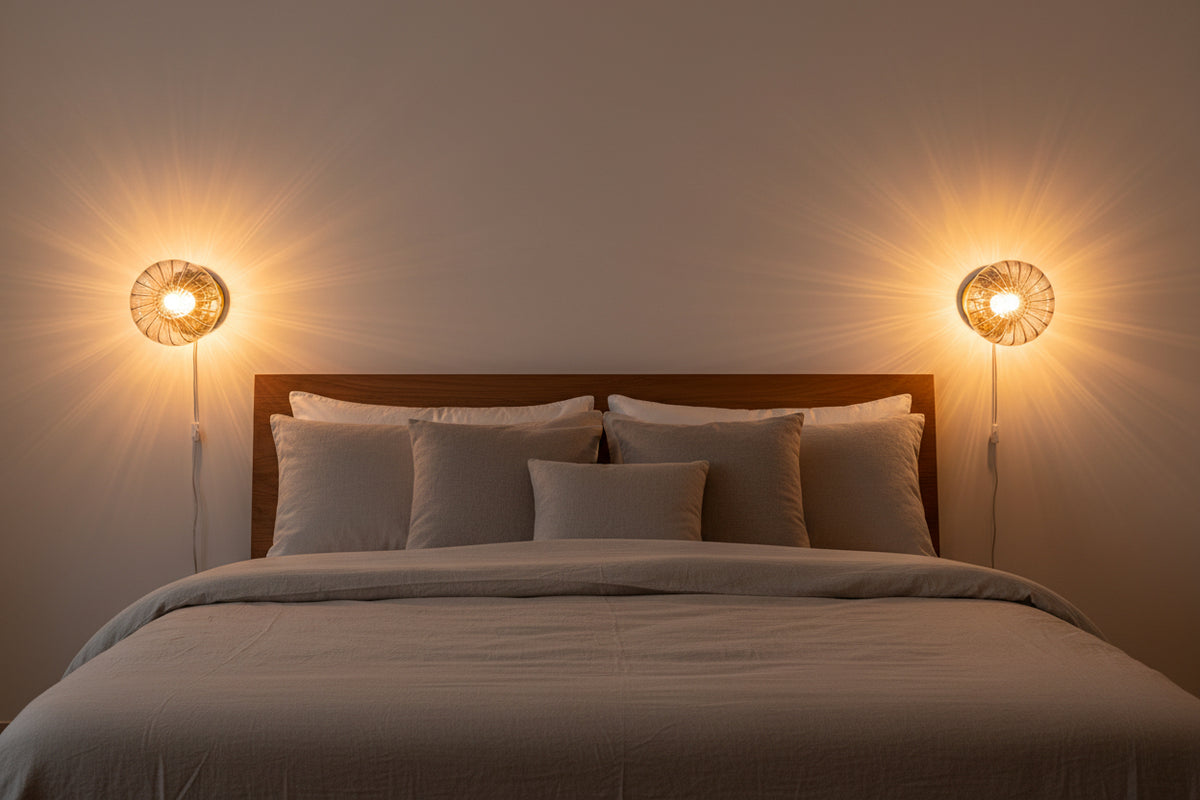 Smoked ribbed glass wall light with round brass backplate creating a warm decorative glow on the wall