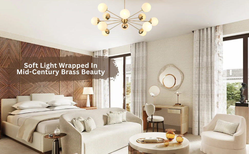 Brass globe chandelier in a bedroom with neutral tones and mid-century modern decor