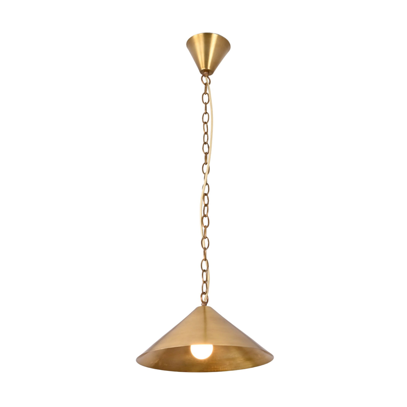 Solara brass cone pendant light hanging above a dining table with warm downward glow for elegant home interiors