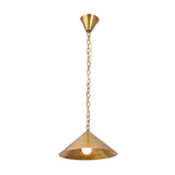 Solara brass cone pendant light hanging above a dining table with warm downward glow for elegant home interiors