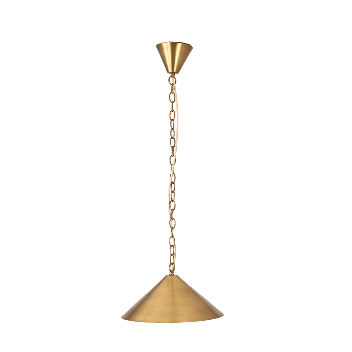 Solara brass cone pendant light dimension image showing 36 inch height and 14 inch shade width