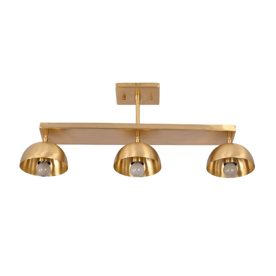 Solid brass 3-light semi flush mount ceiling fixture with linear bar and dome shades for dining room lighting