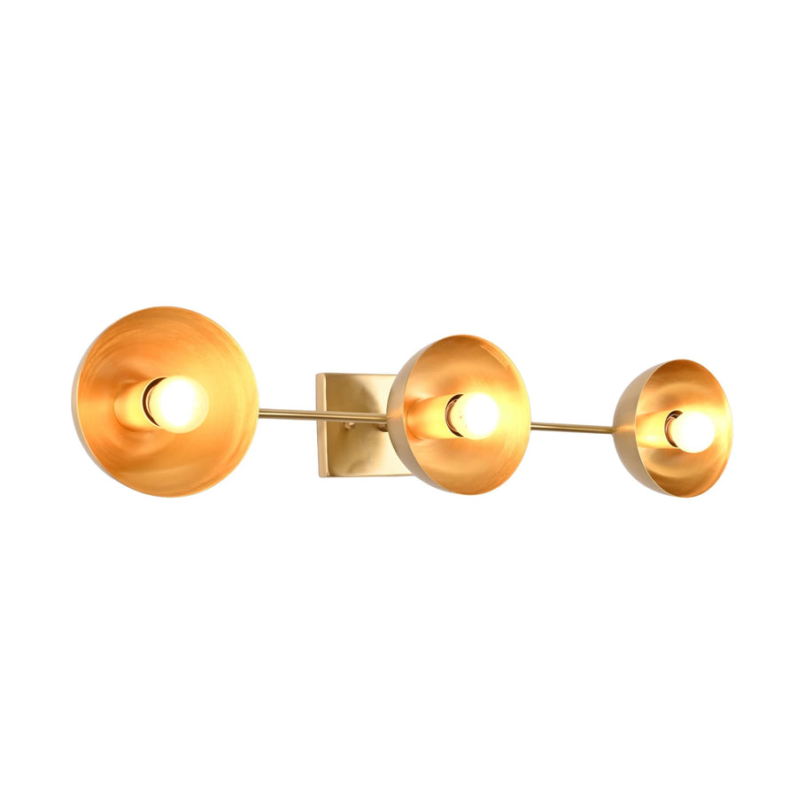 Solid brass 3-light vanity wall sconce with dome reflectors for bathroom mirror and powder room lighting