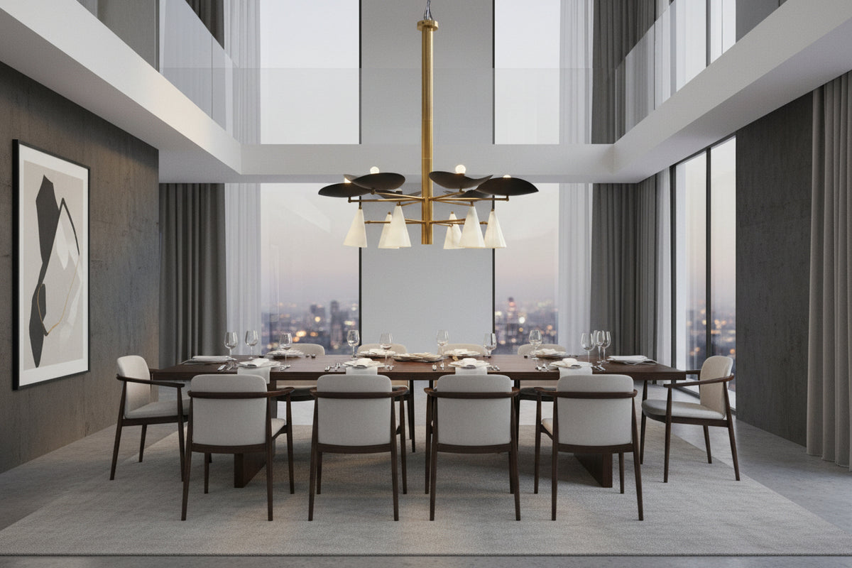 Solid brass chandelier with oven-heated enamel black curved shades and white cone shades for dining room or living room lighting