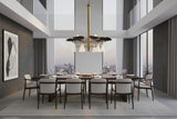 Solid brass chandelier with oven-heated enamel black curved shades and white cone shades for dining room or living room lighting