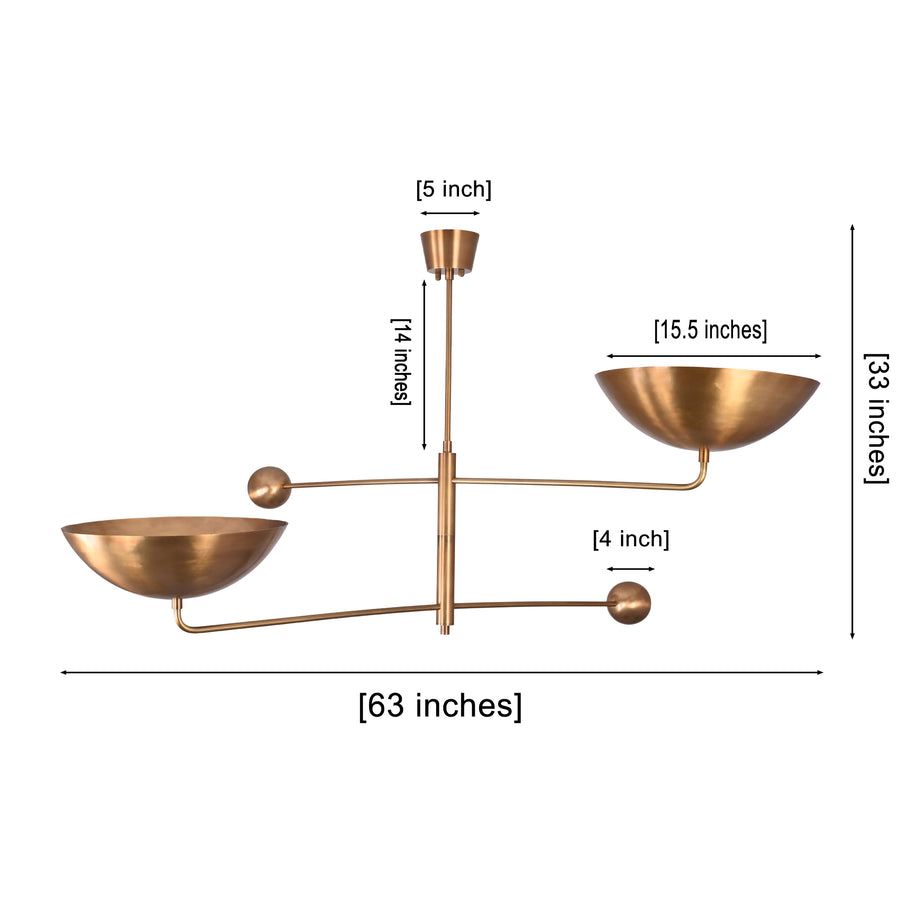 Oslo 2-light bowl chandelier creating warm upward ceiling glow with sculptural solid brass design