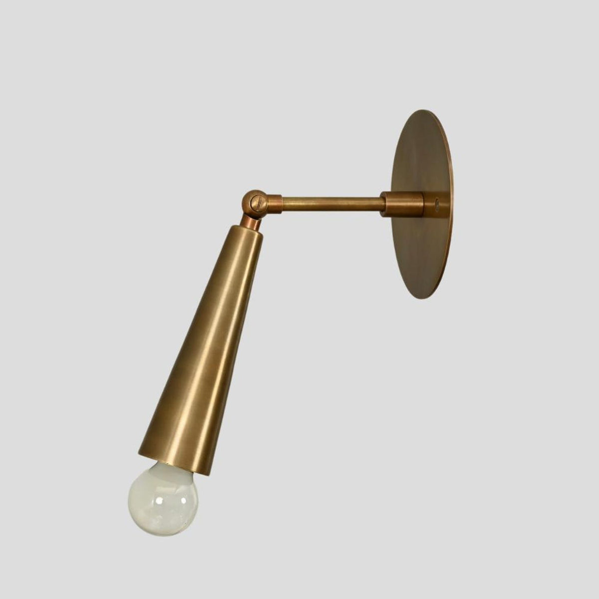 Solid brass cone wall sconce with exposed bulb, minimalist industrial handmade wall light.