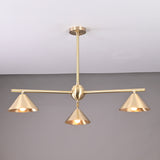 Modern solid brass chandelier with three cone-shaped shades, brushed finish, handcrafted for contemporary interior lighting.