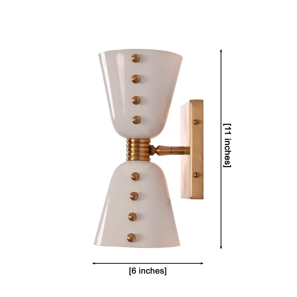 Solid brass diabolo wall sconce with white cone shades and decorative brass ball details