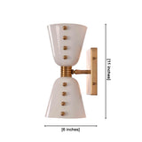 Solid brass diabolo wall sconce with white cone shades and decorative brass ball details