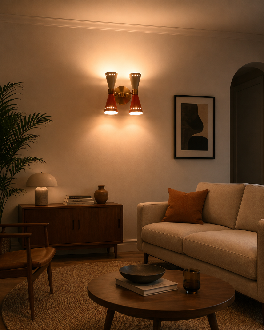 Solid brass diabolo wall sconce shown from side angle with round backplate and twin sculptural shades