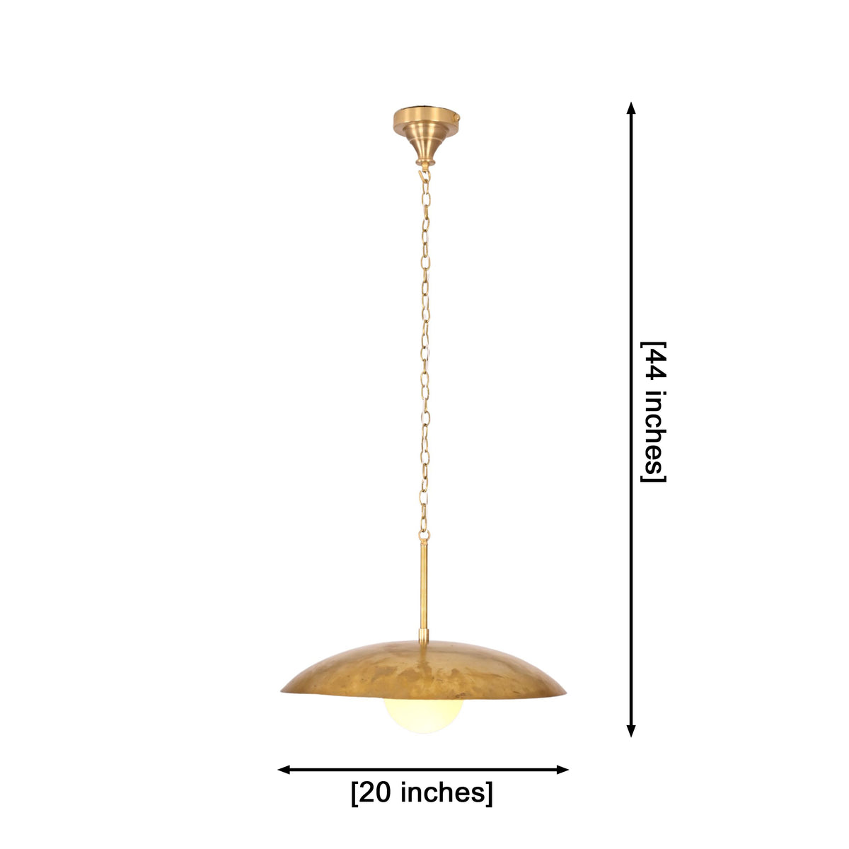 Solid brass disc pendant light shown from side angle with wide dome shade and warm globe illumination