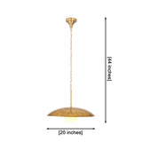 Solid brass disc pendant light shown from side angle with wide dome shade and warm globe illumination