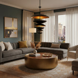 Solid brass dome disc chandelier with six stacked tiers, blackened brass exterior, and brushed brass interior