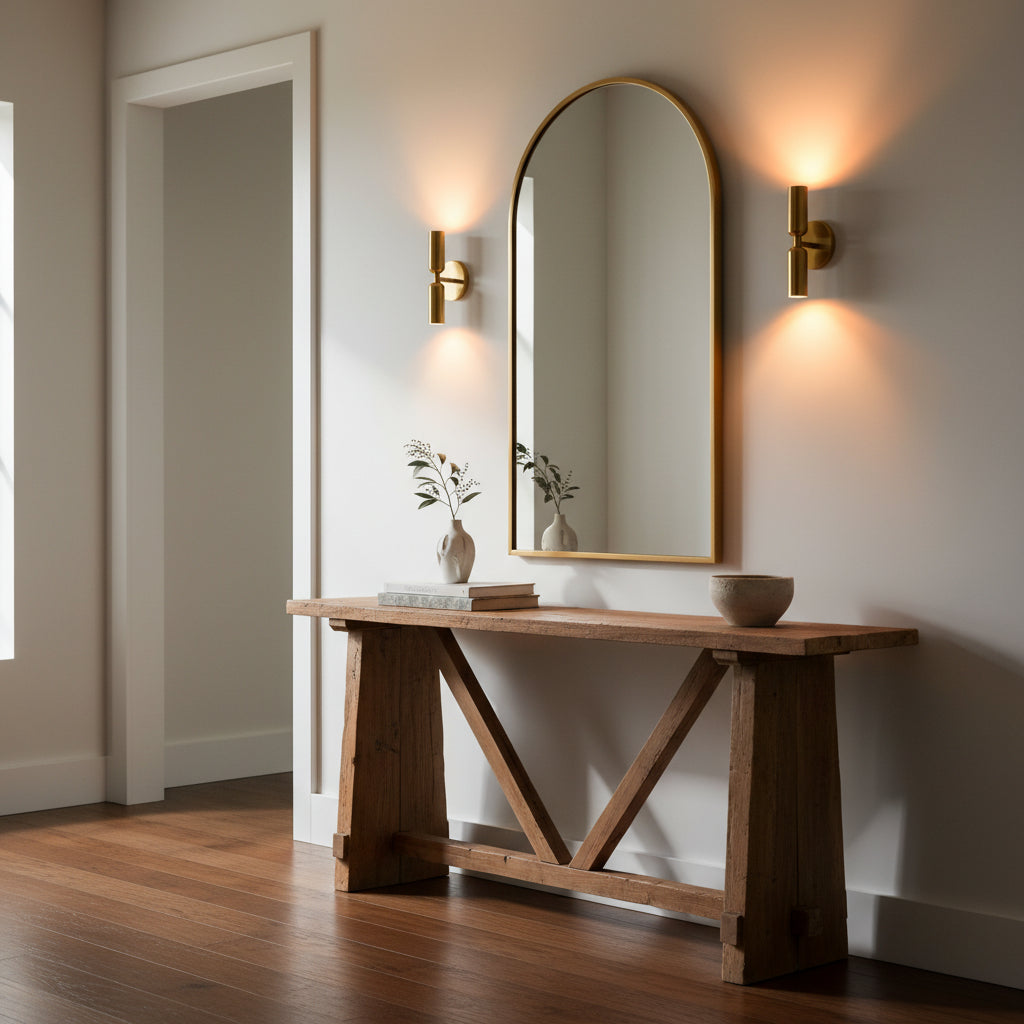 Solid brass dual shade wall sconce side view showing cylindrical shades, round canopy, and compact wall projection