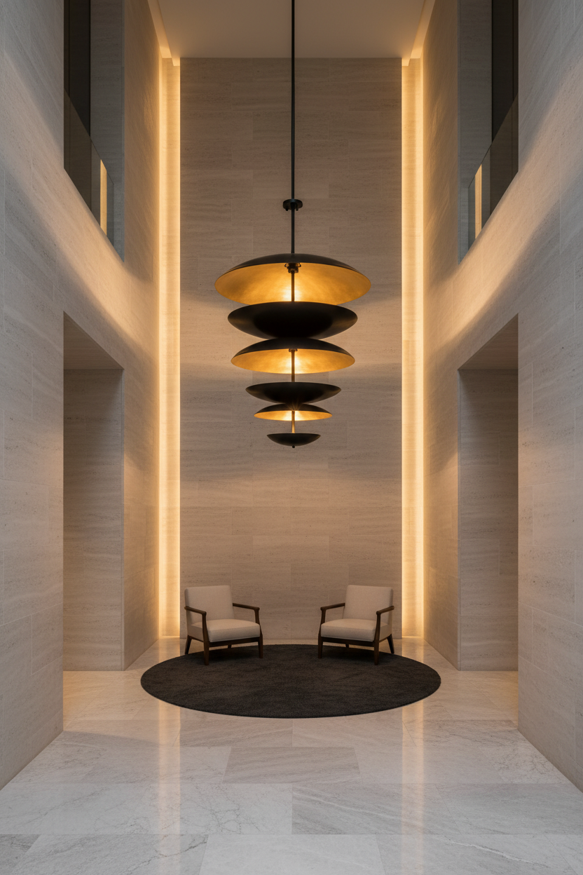 Solid brass layered dome chandelier with stacked disc tiers and sculptural blackened brass finish