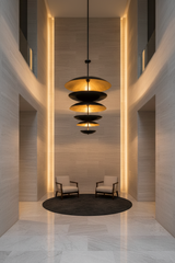 Solid brass layered dome chandelier with stacked disc tiers and sculptural blackened brass finish