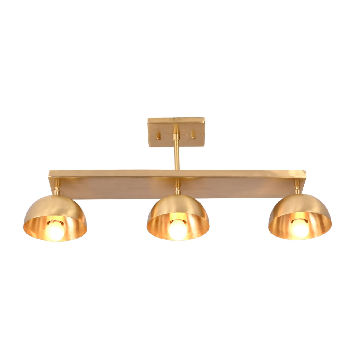 Solid brass linear ceiling light with rectangular canopy, straight bar, and dome shade details for modern interiors