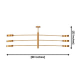 Solid brass linear disc chandelier with six round light heads and three-tier rod layout