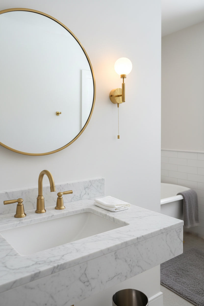Solid brass wall light with pull chain on off function and soft warm glow from round glass globe shade