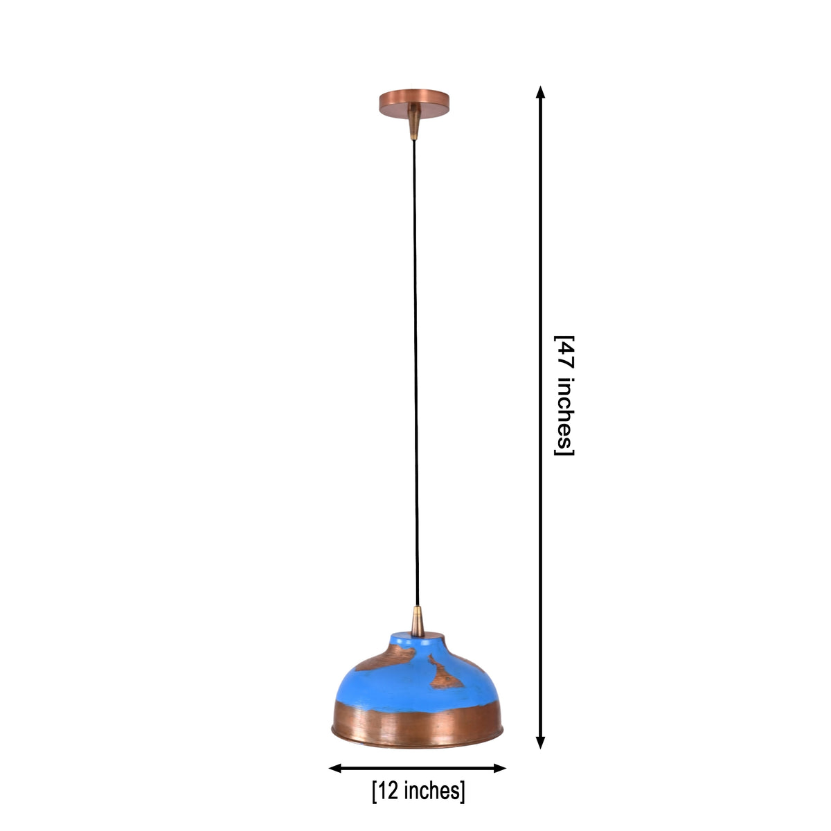 Solid copper pendant light with blue painted patina finish, exposed copper details, black cord, and round canopy