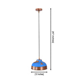 Solid copper pendant light with blue painted patina finish, exposed copper details, black cord, and round canopy