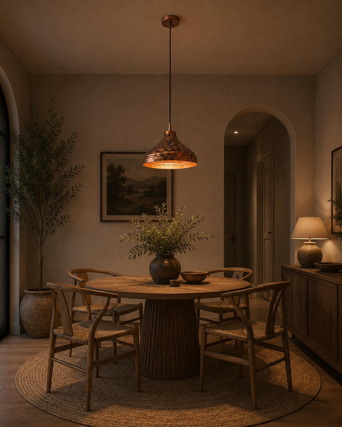 Solid copper dome pendant light hanging above a kitchen island with warm downward glow and artistic copper finish