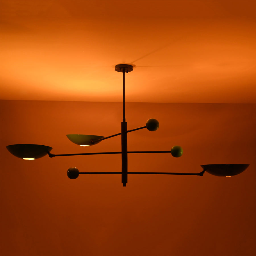 Modern Sputnik chandelier with three colorful disc shades and brass frame, handmade ceiling light by Brass Leaf Studio