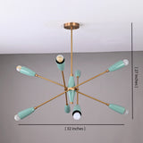 8-light teal and brass Sputnik chandelier showing dimensions 32-inch width and 27-inch height, mid-century modern ceiling fixture.