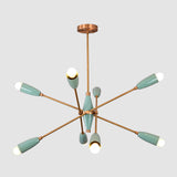 Isolated studio shot of teal and brass 8-light Sputnik chandelier with cone shades, modern designer lighting.