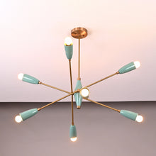 8-light teal and brass Sputnik chandelier with cone shades, mid-century modern ceiling light by Brass Leaf Studio.