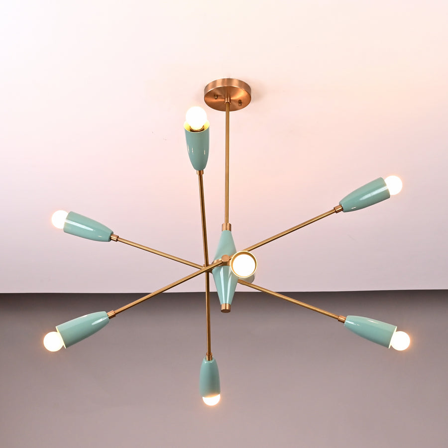 8-light teal and brass Sputnik chandelier with cone shades, mid-century modern ceiling light by Brass Leaf Studio.
