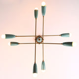 Top-down view of 8-light Sputnik chandelier with teal cone shades and brass arms, mid-century modern ceiling fixture.