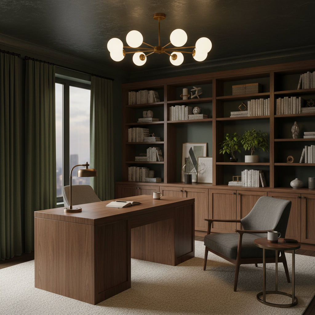 Sputnik chandelier for dining room lighting with nine glass globes and warm brushed brass details