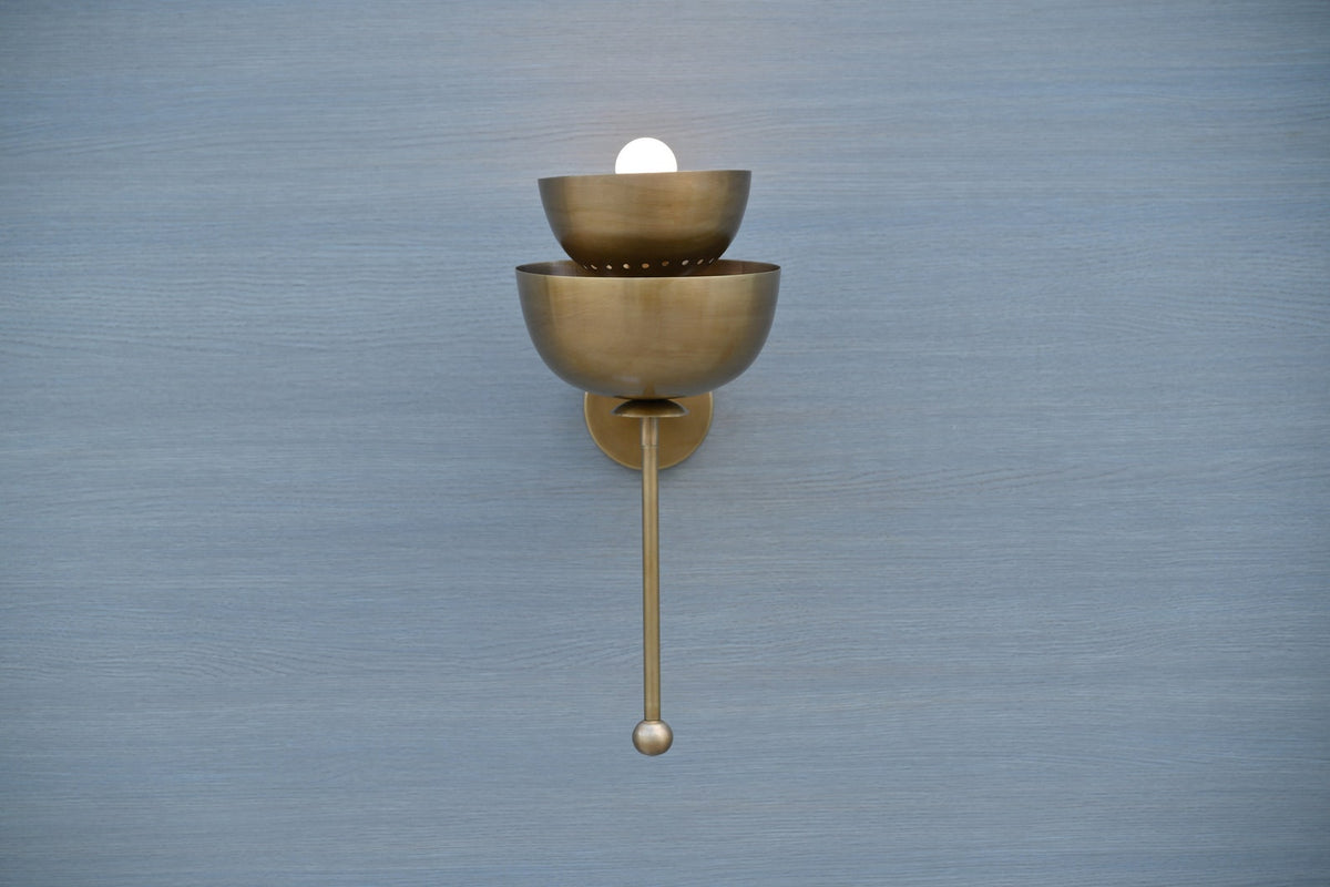 Modern stacked bowl brass wall sconce with elegant brass finish, handmade designer wall lighting for living spaces