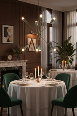 Starburst chandelier with eight glowing bulbs creating warm multi-directional light for cozy interior spaces