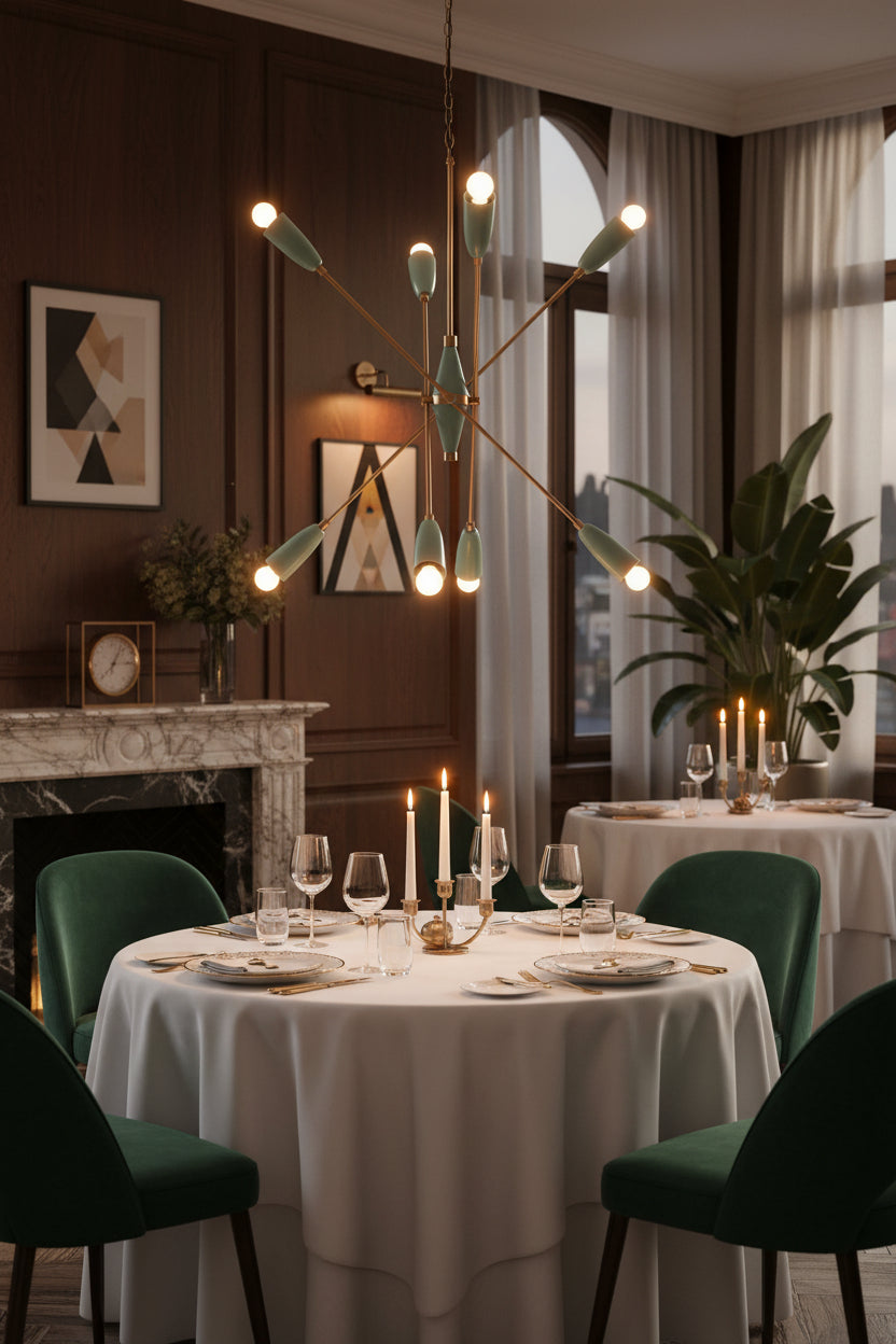 Designer Sputnik chandelier installed above a dining area with warm ambient lighting and statement ceiling style