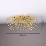 Starburst Radiance Fixture with glowing bulbs and brass rods creating elegant ceiling shadows