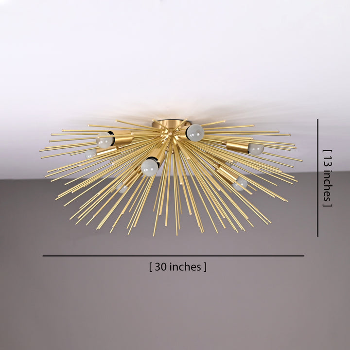 Starburst Radiance Fixture with glowing bulbs and brass rods creating elegant ceiling shadows