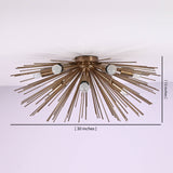 Brass sunburst chandelier showing 30 inch diameter and 13 inch height dimensions