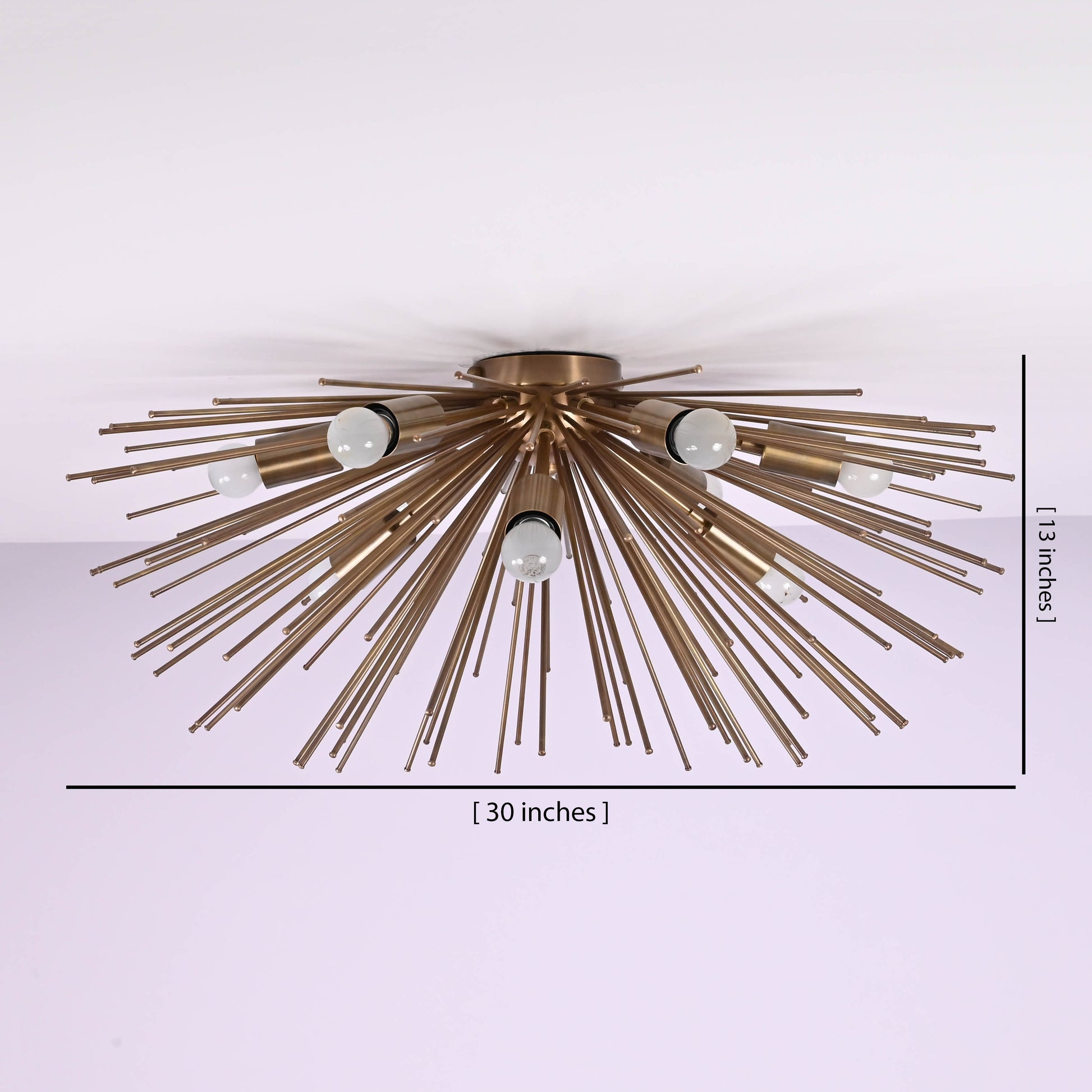 Brass sunburst chandelier showing 30 inch diameter and 13 inch height dimensions