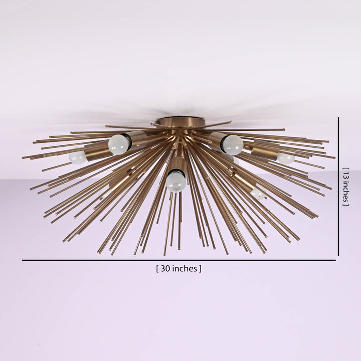 Brass sunburst chandelier showing 30 inch diameter and 13 inch height dimensions