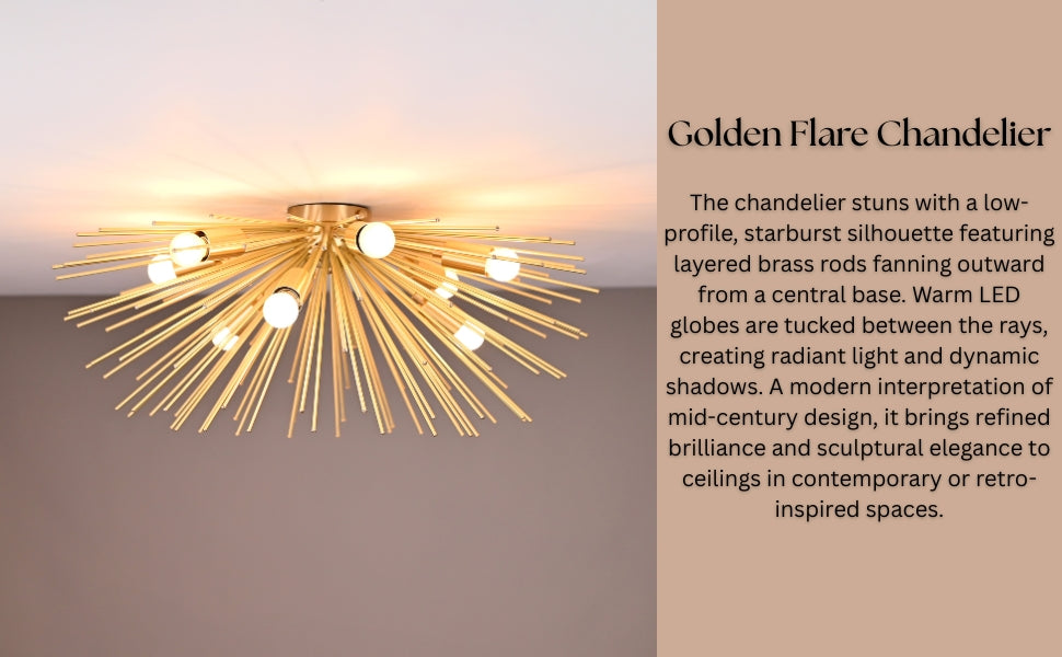Top-down view of the Sunburst Glow Chandelier showing radiant brass spikes and warm bulb glow