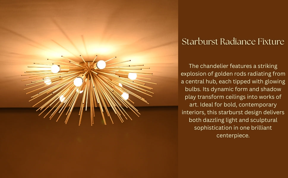 Angled view of brass sunburst light with warm bulbs casting dynamic shadows
