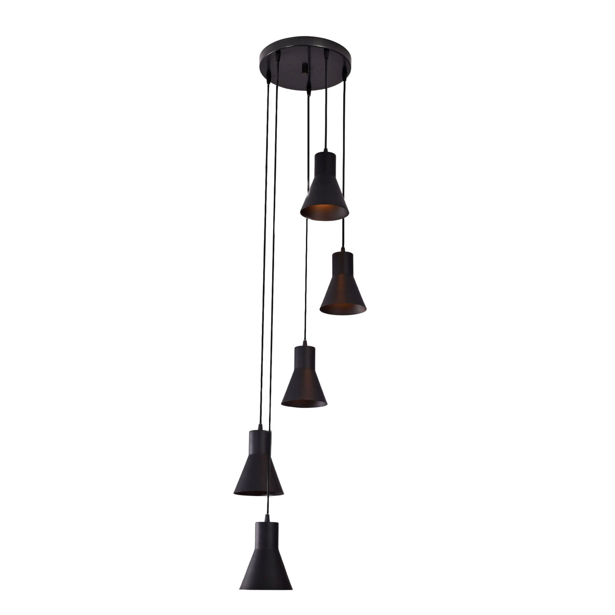 Angled view of the Sutton Cascade Cone 5 Light Multi Pendant Chandelier with staggered adjustable cord suspension and matte black cone shades.