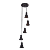 Angled view of the Sutton Cascade Cone 5 Light Multi Pendant Chandelier with staggered adjustable cord suspension and matte black cone shades.