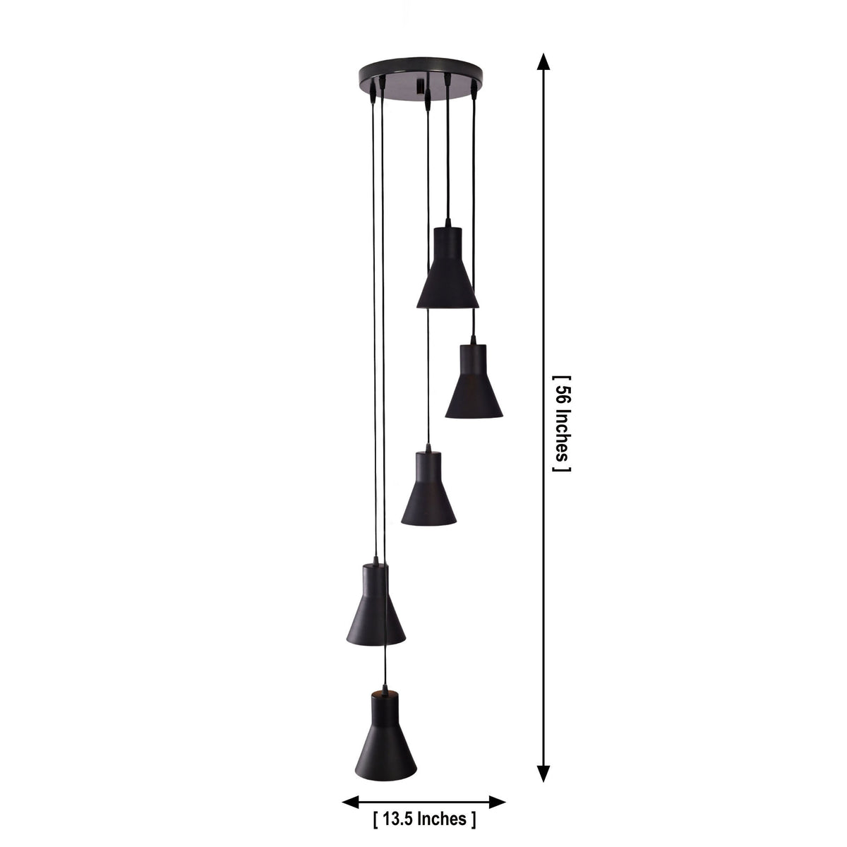 Sutton Cascade Cone Multi Pendant Chandelier Model 33239 dimensions showing 13.5-inch width and 56-inch adjustable hanging height.