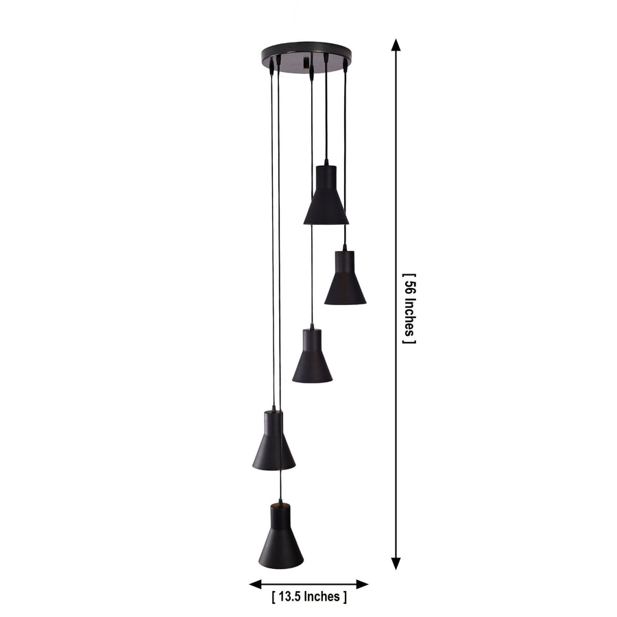 Sutton Cascade Cone Multi Pendant Chandelier 5 Light installed in a contemporary living room, creating warm ambient illumination over a modern seating area.