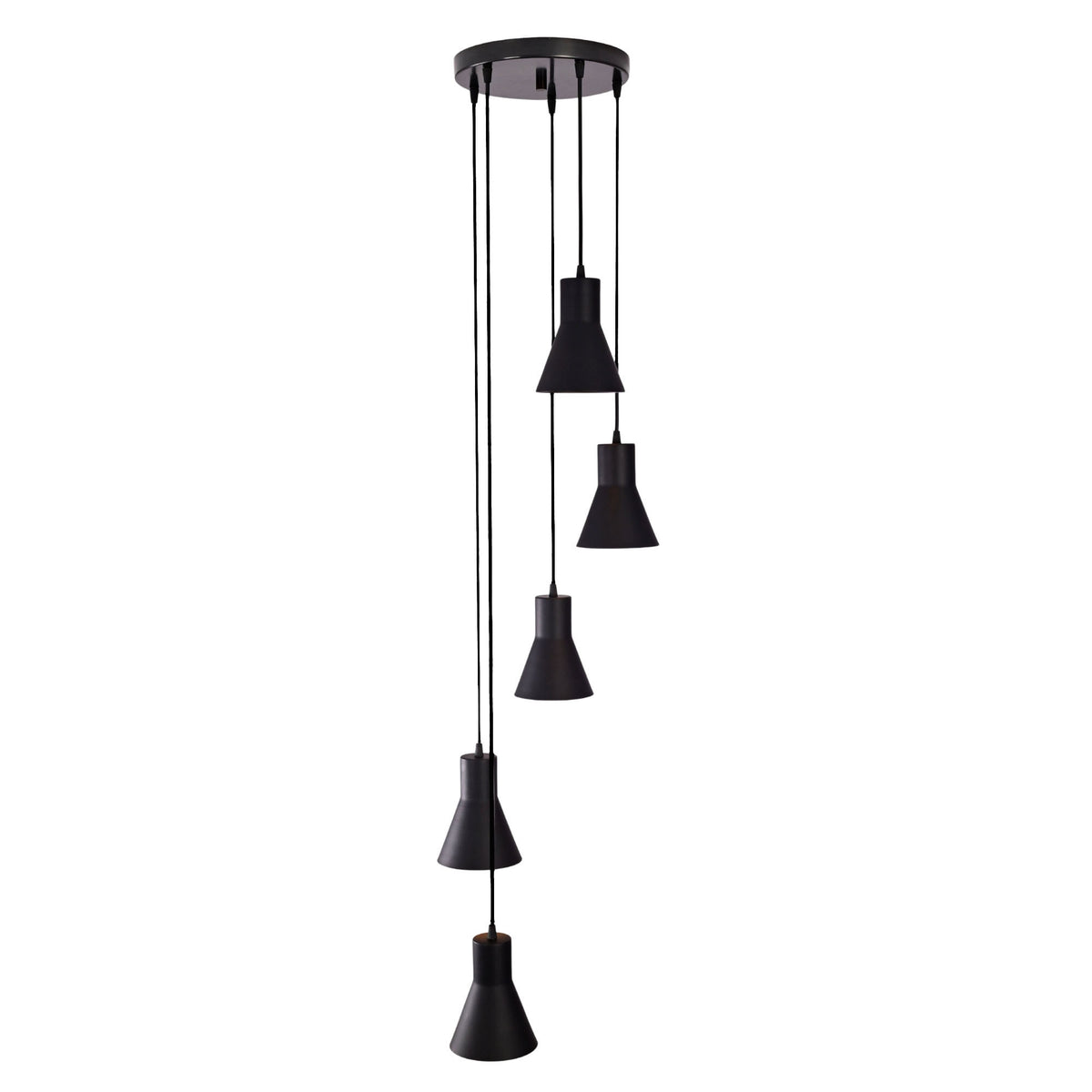 Sutton Cascade Cone Multi Pendant Chandelier 5 Light Model 33239 front view featuring five handcrafted tapered cone metal shades in matte black.