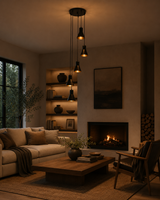 Sutton Cascade Cone Multi Pendant Chandelier 5 Light installed in a contemporary living room, creating warm ambient illumination over a modern seating area.